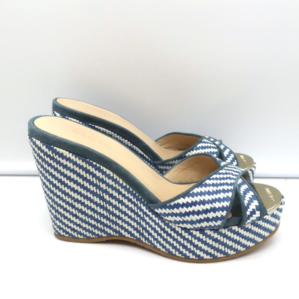 JIMMY CHOO PERFUME CRISSCROSS PLATFORM WEDGE SANDALS BLUE WOVEN RAFFIA SIZE 37 - Picture 2 of 11